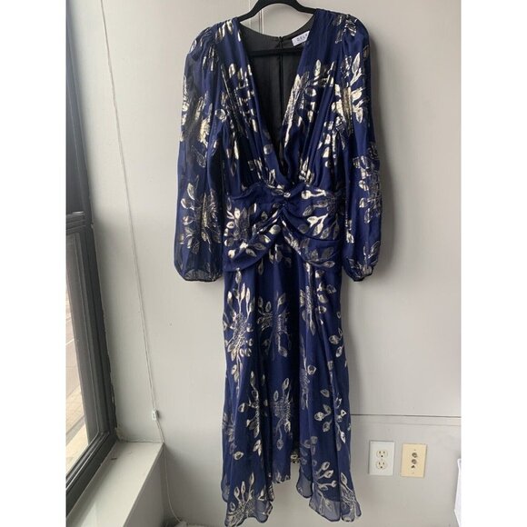 Anthropology DELFI Collective Navy and Silver Print Gown Long Dress Pure Silk L - Picture 4 of 9